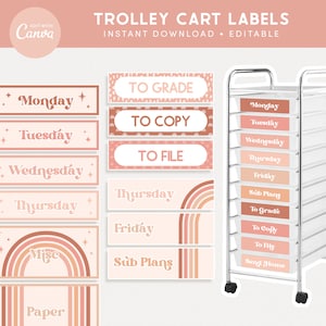 Classroom Rolling Trolley Cart Labels, Editable Teacher Drawer Filing, Pink Boho Classroom Organization, PDFs + Templates