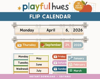 Calendrier à rabat pour classe sur toile éditable | Décoration de salle de classe aux teintes ludiques | Affichage du calendrier quotidien | Décoration d'école à la maison | Inspiré Montessori