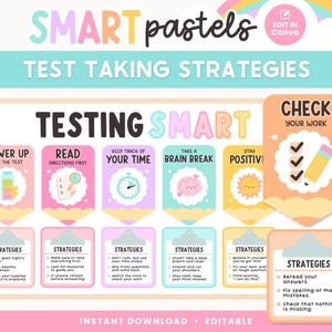 May include: A pastel-colored educational poster with the text "SMART pastels TEST TAKING STRATEGIES". The poster includes tips for test-taking, such as "Power Up", "Read Directions First", and "Check Your Work".
