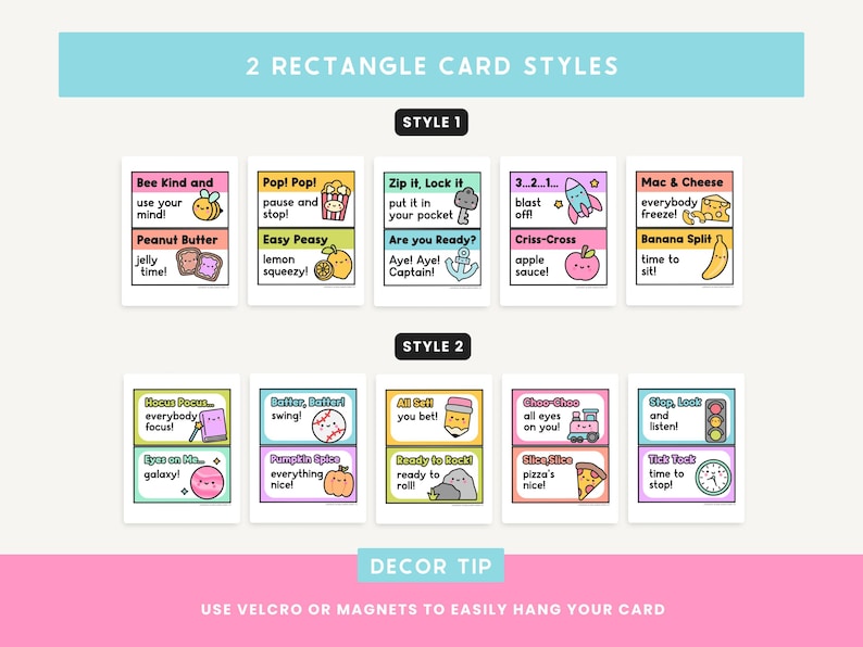 May include: Two different styles of rectangular cards with colorful backgrounds and illustrations. The cards feature phrases like "Bee Kind and use your mind!" and "Hocus Pocus... everybody focus!"  The cards are designed to be used as visual cues for classroom management or behavior support.