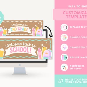 May include: A computer monitor displays two customizable banner templates with a brown background and scalloped teal borders. The banners feature school-themed illustrations including a pink apple, yellow pencil, and backpack with text.