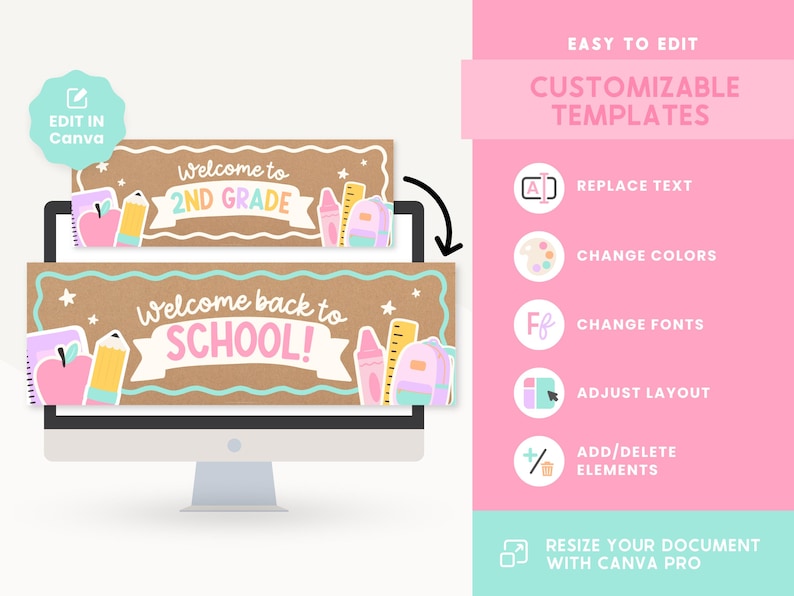 May include: A computer monitor displays two customizable banner templates with a brown background and scalloped teal borders. The banners feature school-themed illustrations including a pink apple, yellow pencil, and backpack with text.