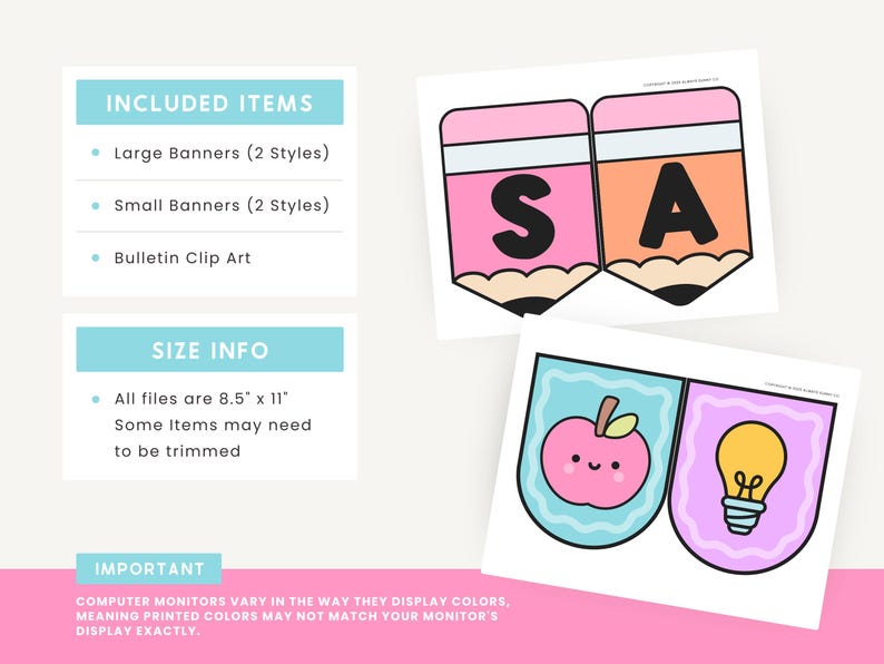 May include: A collection of printable classroom decorations, including banners and bulletin clip art. The image shows pennant-style banners with the letters "SA" in black, and other banners with an apple and a lightbulb. The files are 8.5" x 11".