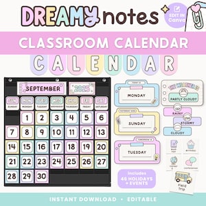 Kalenderweergave en weerstation in de klas, afdrukbaar schattig pastel klasdecor, pdf's + bewerkbare canva-sjablonen, zakdiagram