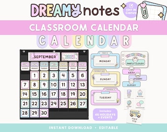 Calendario de aula y estación meteorológica, decoración imprimible en tonos pastel para el aula, plantillas editables en PDF y Canva, organizador de bolsillo.