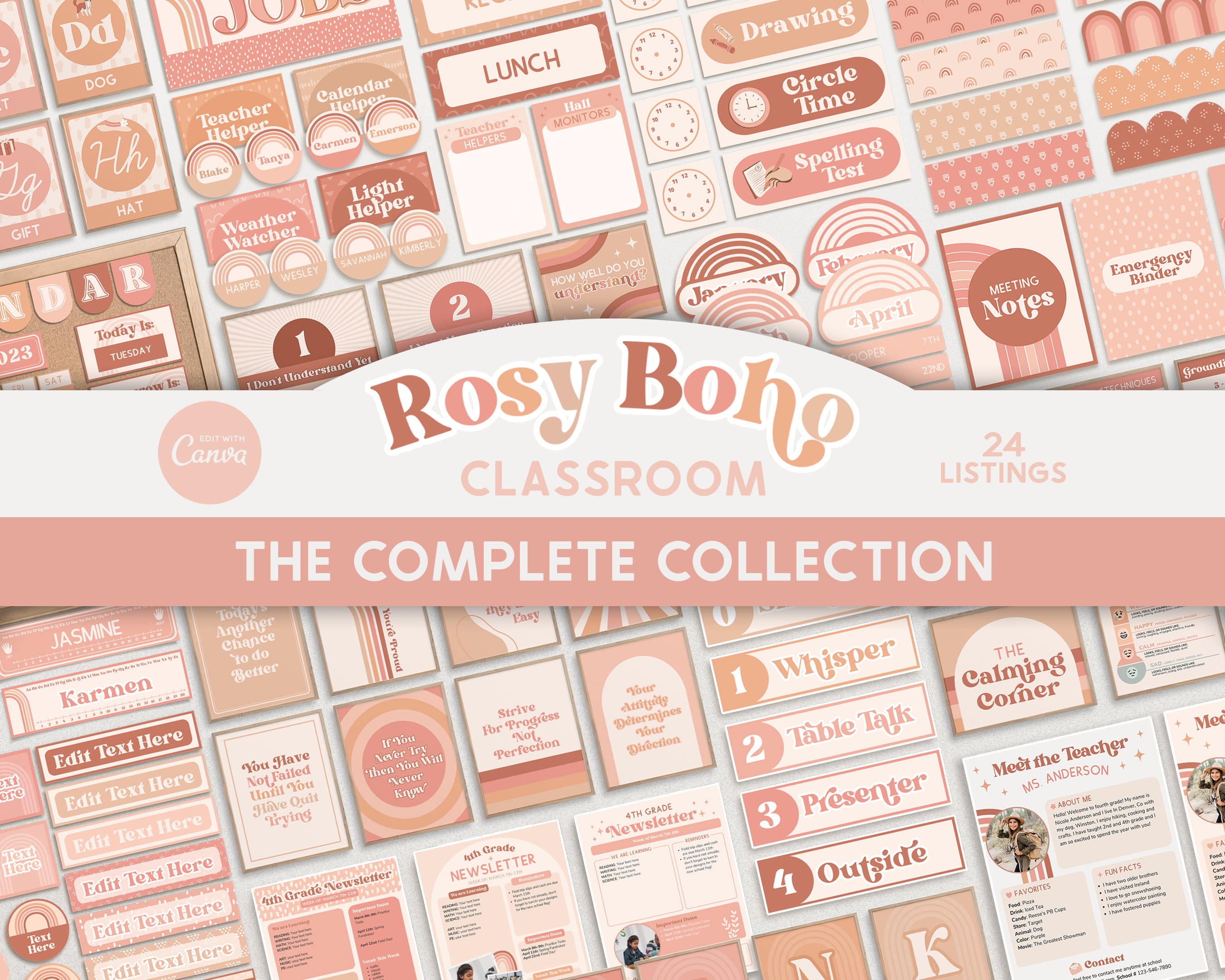 Editable Classroom Rosy Boho Complete Collection Printable Bundle, Canva Templates, Classroom Management, Organization, Classroom Displays
