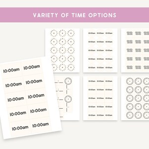 Op de afbeelding: Een verzameling afdrukbare sjablonen met het thema tijd. De afbeelding bevat verschillende ontwerpen, waaronder klokken en de tekst "10:00am". De tekst "VARIETY OF TIME OPTIONS" staat bovenaan in een roze rechthoek.