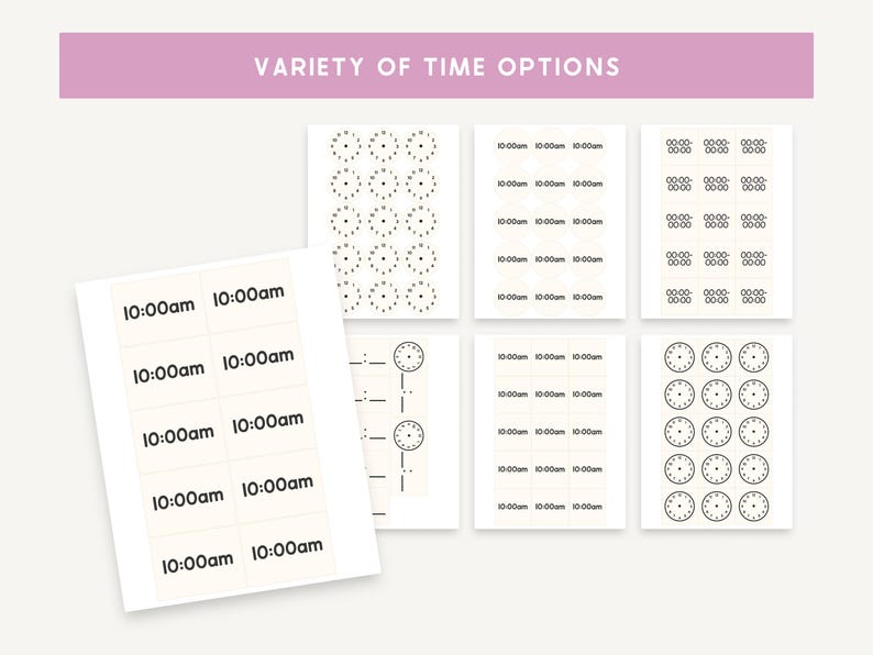 Op de afbeelding: Een verzameling afdrukbare sjablonen met het thema tijd. De afbeelding bevat verschillende ontwerpen, waaronder klokken en de tekst "10:00am". De tekst "VARIETY OF TIME OPTIONS" staat bovenaan in een roze rechthoek.