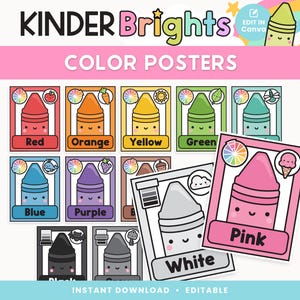 Posters couleur Kinder Brights modifiables | Jolie décoration de classe sur le thème des crayons de couleur | Cartes aux couleurs pastel, vives et amusantes | Modèle de toile de professeur