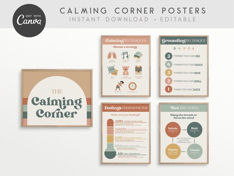 Calming Corner Editable Classroom Printables, Calm Down Skills, Canva Classroom Decor Prints - INSTANT DOWNLOAD 5 PDFs + Editable Template 