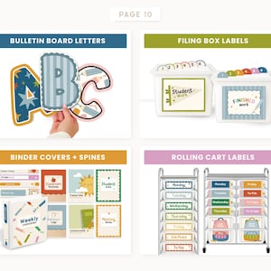 May include: A collection of classroom organisational materials including bulletin board letters, filing box labels, binder covers with spines, and rolling cart labels. The items feature colourful patterns, school-themed graphics, and text labels.