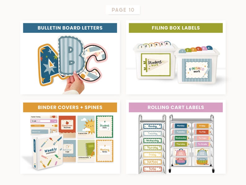 May include: A collection of classroom organisational materials including bulletin board letters, filing box labels, binder covers with spines, and rolling cart labels. The items feature colourful patterns, school-themed graphics, and text labels.