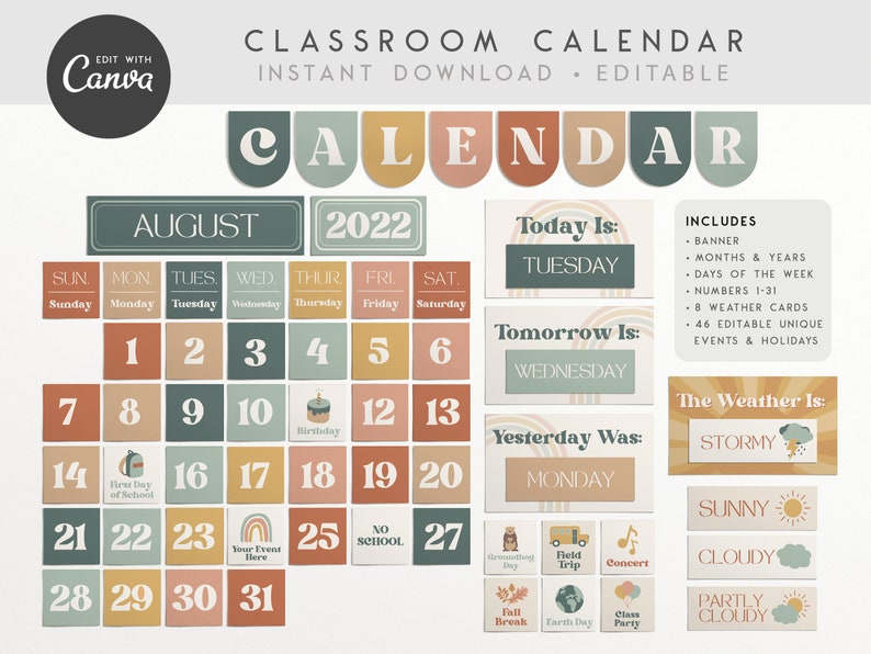 Classroom Calendar Display and Weather Station, Editable Printable Bundle, Modern Boho Classroom Decor, PNGs, PDFs + Canva Editable Files 