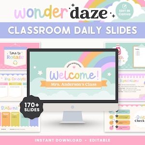 Op de afbeelding: Een computermonitor toont een klaspresentatie met de tekst "Welcome! Mrs. Anderson's Class" en een regenboogontwerp. Verschillende dia's met titels als "Time to Rotate" en "Quick Check-In" omringen de monitor. De afbeelding bevat ook de tekst "170+ Slides".