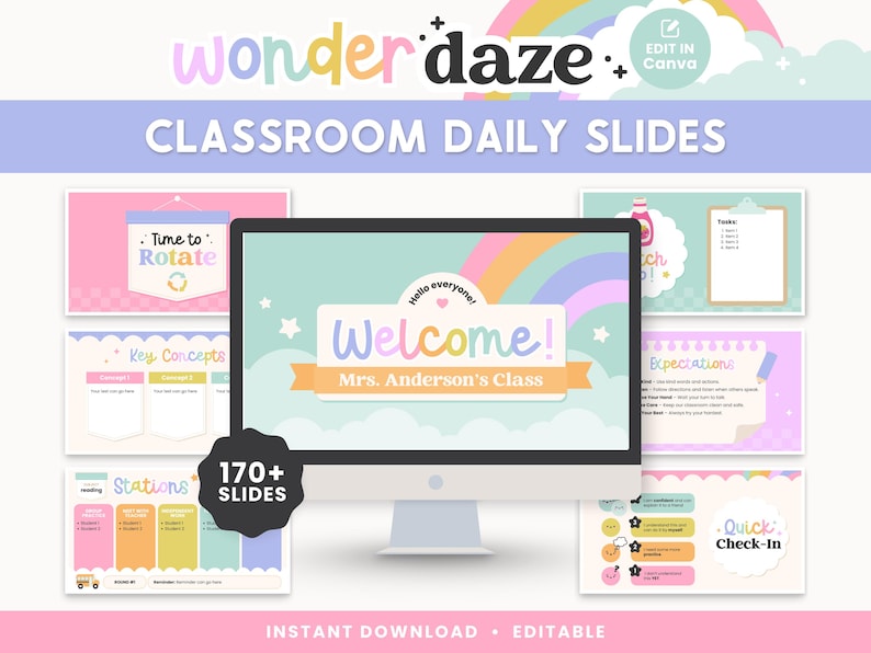 May include: A computer monitor displays a classroom presentation with the text "Welcome! Mrs. Anderson's Class" and a rainbow design. Surrounding the monitor are various slides with titles like "Time to Rotate" and "Quick Check-In". The image also includes the text "170+ Slides".