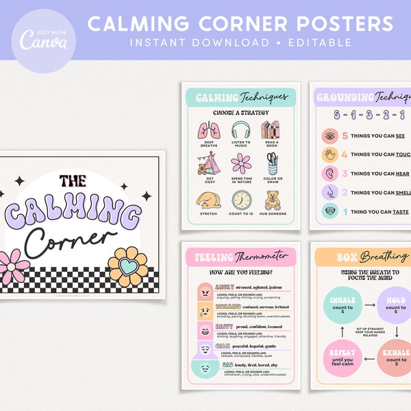 Calming Corner Editable Classroom Printables, Calm Down Skills, Canva Classroom Retro Pastel Decor - Teacher Templates