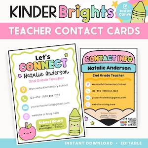 May include: Two teacher contact cards with colorful designs, featuring the text Kinder Brights, Let's Connect, and Contact Info. The cards include fields for a name, school, phone number, email, website, and school hours, decorated with crayon and apple icons.