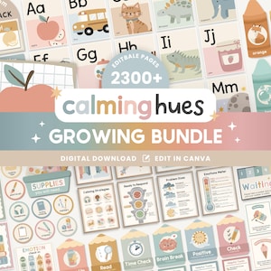 Peut inclure: Un ensemble éducatif numérique aux teintes apaisantes, comprenant des cartes alphabétiques, des affiches de classe et des fiches d'activités. Le design affiche des textes comme Calming Hues Growing Bundle, 2300+ et Edit in Canva, avec des illustrations d'animaux, de nourriture et de fournitures scolaires.