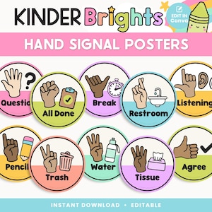 Classroom Hand Signals Poster Display, Editable in Canva, Bright Colorful Classroom Management, Teacher Templates, Visual Learning