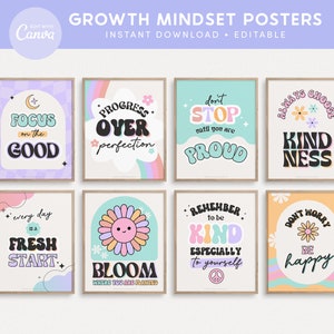 Growth Mindset Editable Classroom Printable Posters, Groovy Pastel Classroom Decor, INSTANT DOWNLOAD - 8x10 + Canva Templates