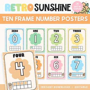 May include: Colorful ten frame number posters with the text "Retro Sunshine". Each card features a number from zero to seven, displayed in a unique color and design. The posters are designed for educational purposes.