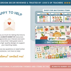 Peut inclure: Image promotionnelle pour la d&eacute;coration de classe, avec un ensemble de t&eacute;l&eacute;chargements num&eacute;riques "Playful Hues Growing Bundle". L'image comprend des ressources &eacute;ducatives, telles que des affiches d'alphabet et des strat&eacute;gies de test, avec le texte "Happy to Help".