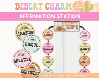 Classroom Affirmation Station Display, Bright Desert Classroom Decor, Western Editable Printable Classroom Management, Canva Templates
