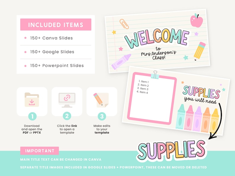 May include: A digital classroom template with a welcome message and a supplies list. The design includes colourful crayons, an apple, and stars. The text reads "Welcome to Mrs. Anderson's Class!" and "Supplies you will need."