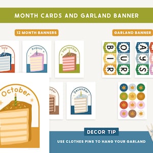 May include: A collection of month cards and a garland banner. The month cards feature illustrations of cake slices with the month names. The garland spells out "BIRTHDAY". The text "DECOR TIP" is included, along with the text "USE CLOTHES PINS TO HANG YOUR GARLAND".