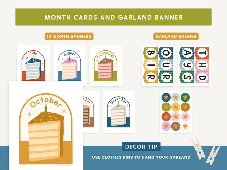 May include: A collection of month cards and a garland banner. The month cards feature illustrations of cake slices with the month names. The garland spells out "BIRTHDAY". The text "DECOR TIP" is included, along with the text "USE CLOTHES PINS TO HANG YOUR GARLAND".