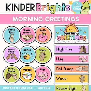 Könnte beinhalten: Ein farbenfrohes Lehrplakat mit dem Text "KINDER Brights MORNING GREETINGS." Es zeigt verschiedene Begrüßungsmöglichkeiten wie "Peace Sign," "Shake Hands" und "Hug", jeweils mit passenden Illustrationen. Das Plakat ist für den sofortigen Download konzipiert und ist editierbar.