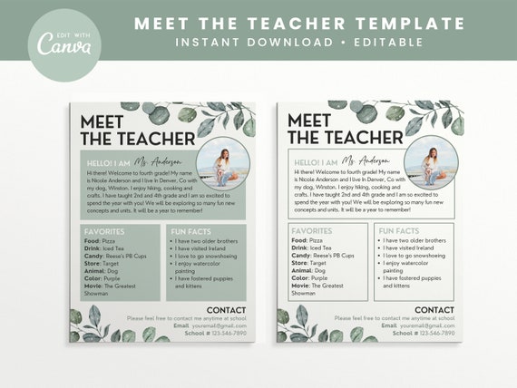 Meet the Teacher Classroom Printable Template, Teacher Introduction,School Printable Canva, INSTANT DOWNLOAD + Canva Editable Template