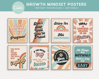 Growth Mindset Editable Classroom Printable Posters, Groovy Retro Classroom Decor, INSTANT DOWNLOAD - PDFs + Canva Templates