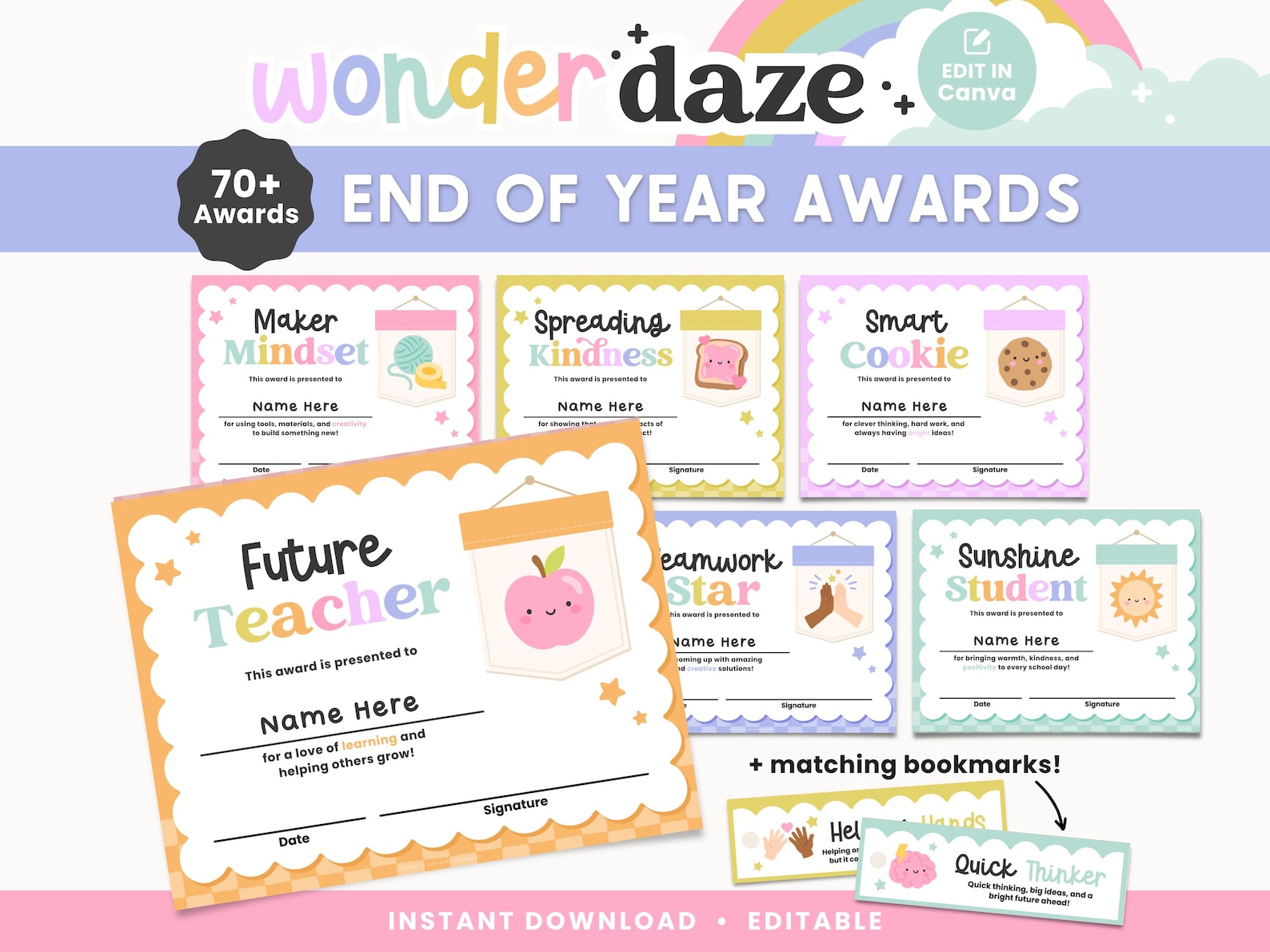 Editable Classroom End of Year Awards & Matching Bookmarks | Student ...