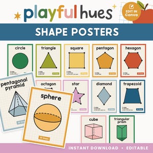 Editable Shape Posters for Classroom | Playful Hues Shapes with Attributes | 2D & 3D Shape Charts | Homeschool Canva Template