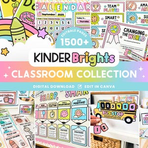Editable Classroom Kinder Brights Printable Bundle, Canva Classroom Theme, Teacher Management Templates, Bright Organization Display