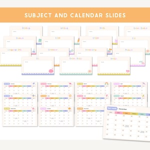 May include: Digital planner pages with the text "SUBJECT AND CALENDAR SLIDES." The image shows various subject slides and monthly calendar layouts. The slides have pastel borders and cute illustrations. The calendars are organized by month with colorful headers.