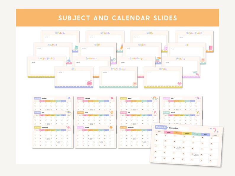 May include: Digital planner pages with the text "SUBJECT AND CALENDAR SLIDES." The image shows various subject slides and monthly calendar layouts. The slides have pastel borders and cute illustrations. The calendars are organized by month with colorful headers.