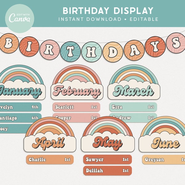 Classroom Birthday Printable Display, Editable in Canva, Groovy Retro Classroom Management Decor, PDFs + Teacher Templates