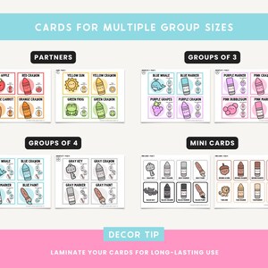 May include: A set of printable cards for multiple group sizes, featuring colorful illustrations of objects and crayons. The cards are labeled "Partners", "Groups of 3", "Groups of 4", and "Mini Cards".