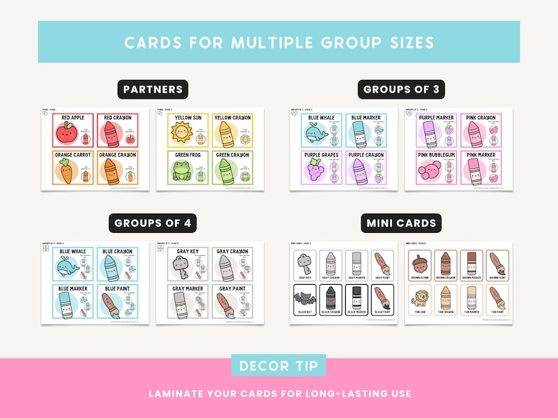 May include: A set of printable cards for multiple group sizes, featuring colorful illustrations of objects and crayons. The cards are labeled "Partners", "Groups of 3", "Groups of 4", and "Mini Cards".