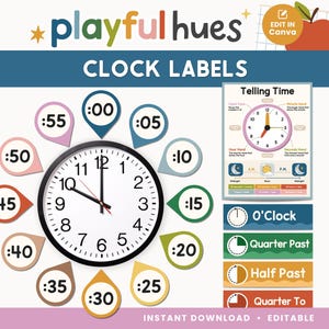 Op de afbeelding: Educatieve kloklabels met een grote zwart-witte wijzerplaat, omringd door labels die tijdsintervallen aangeven. Bevat een "Telling Time"-gids en labels voor "O'Clock", "Quarter Past", "Half Past" en "Quarter To". De tekst "playful hues" staat bovenaan.