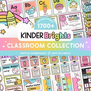 Paquete de plantillas editables e imprimibles para el aula de kínder, plantillas de Canva para el tema del aula, gestión docente, organización brillante.