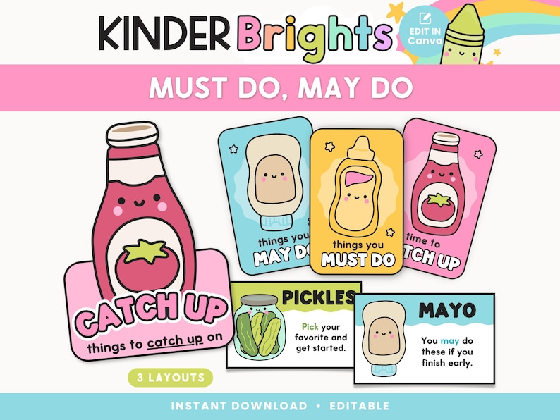 May include: A digital download featuring colorful cards with food-themed illustrations. The cards include phrases like "Must Do, May Do," and "Catch Up." The design incorporates a pink and blue color scheme with playful fonts and graphics.