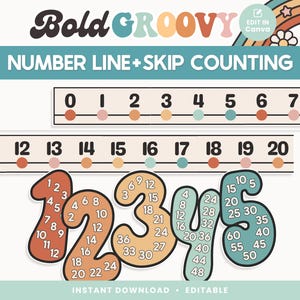 Classroom Number Line and Skip Counting Number Posters, Editable in Canva, Groovy Retro Classroom Decor, Teacher Templates