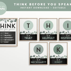 Editable Think Classroom Printable Posters, Think Before you Speak, Cute Canva Classroom Decor, INSTANT DOWNLOAD 6 PDFs + Editable Templates