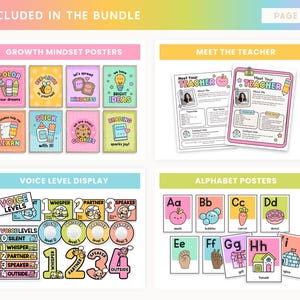 May include: A collection of educational posters and printables, including growth mindset posters, teacher introduction sheets, a voice level display, and alphabet posters. The posters feature colorful illustrations and text, such as "Color your dreams" and "Meet Your Teacher."