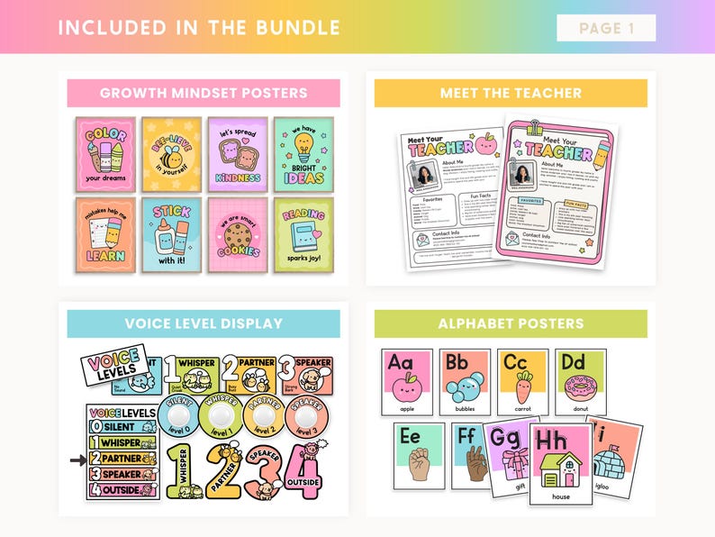 May include: A collection of educational posters and printables, including growth mindset posters, teacher introduction sheets, a voice level display, and alphabet posters. The posters feature colorful illustrations and text, such as "Color your dreams" and "Meet Your Teacher."