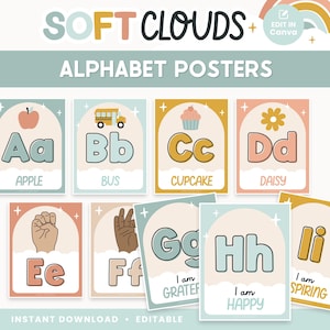 アルファベット教室用編集可能ポスター、パステルレターテンプレート、柔らかな雲のCanva教室装飾 - PDFと編集可能テンプレート