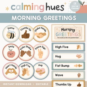 May include: A digital download featuring the text "calming hues" and "Morning Greetings." The image includes circular illustrations with greetings like "Dance," "Thumbs Up," and "Smile." Rectangular labels show "High Five," "Hug," and "Wave."